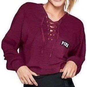 Victoria's Secret PINK Lace Up Varsity Crop Crew Tee Shirt NWT Deep Ruby Size XS